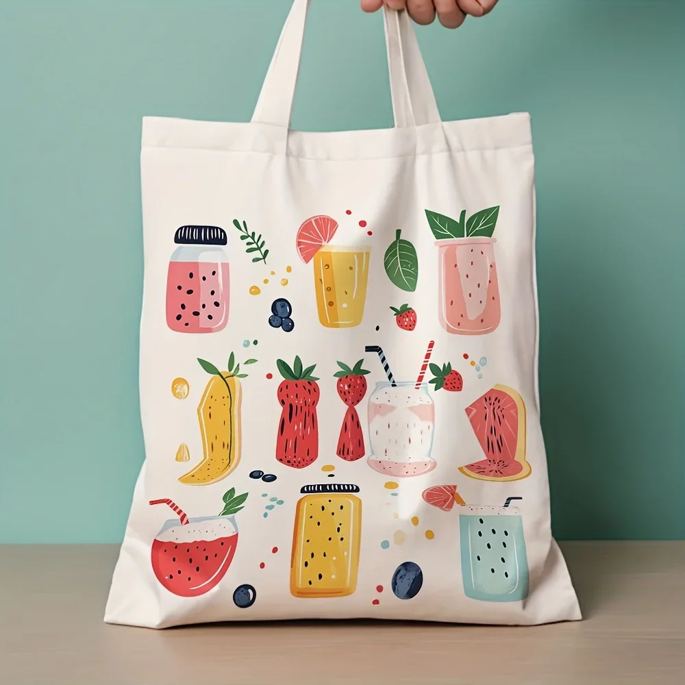 1pc Vibrant Fruit Smoothie Design Canvas Tote Bag - Reusable Grocery Shopping Bag, 35.05cm x 40.13cm, Leak-Proof, Durable Polyes
