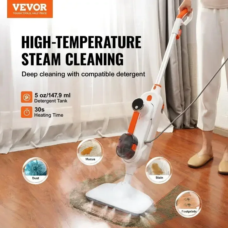 VEVOR Steam Mop Sweeper, 8-in-1 Hard Wood Floor Cleaner with 7 Replaceable Brush Heads,with 2 pcs Machine Washable Pads