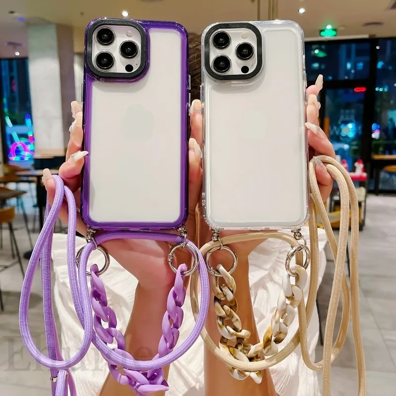 Acrylic Clear Phone Case For iPhone 14 13 11 12 15 Pro Max XS X XR 8 7 Plus Crossbody Strap Lanyard Marble Chain Bracelet Cover