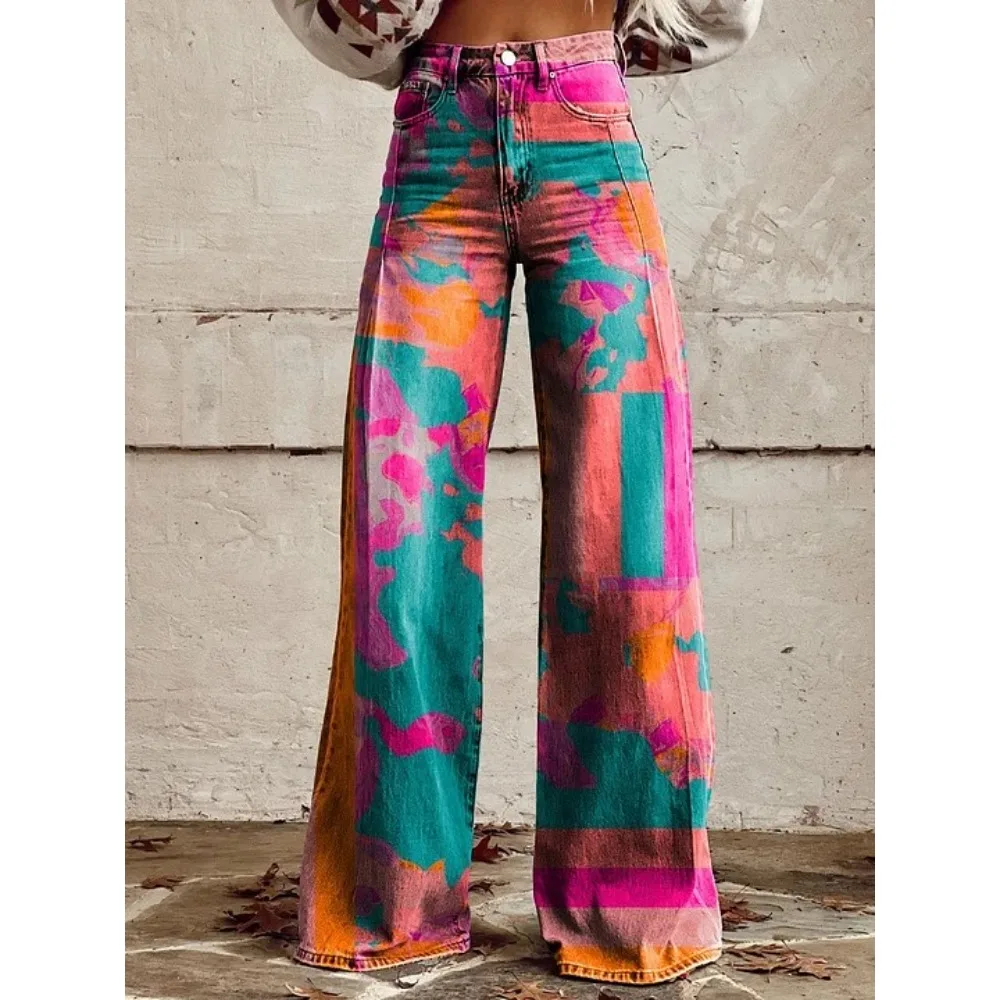 Y2K Ästhetik: Himmelblau-Sonnen-Mond-Stern-Print High-Waist Wide-Leg-Hose für Damen – Grunge Streetwear Lässige Loose-Fit-Hose Übergröße – Detail 4