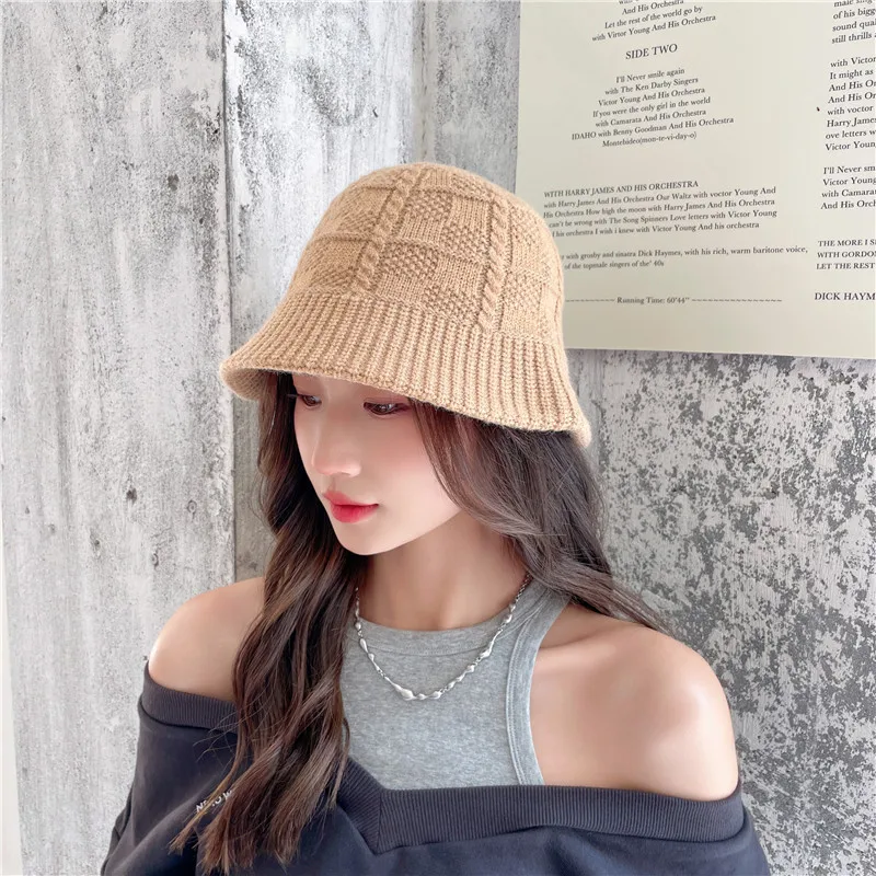 

COKK Bucket Hat Women Winter Solid Color Knitted Fisherman Cap Female Plaid Fishing Hats For Women Windproof Casual Outdoor Caps