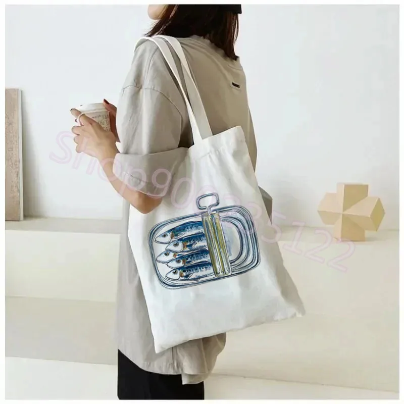 Tin of Sardines Print Canvas Tote Bags Harajuku Reusable Women Shoulder Handbag Large Capacity Shopping Bag Causal Girl Handbags