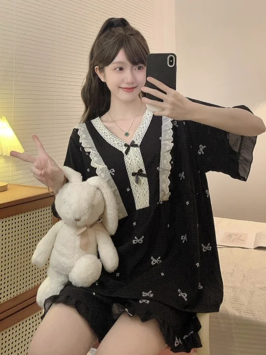 plus Size Sleepwear Women Summer Sweet Cute Style  Knot Short Sleeve Set Loose Fit Home Clothes Casual Short Pants