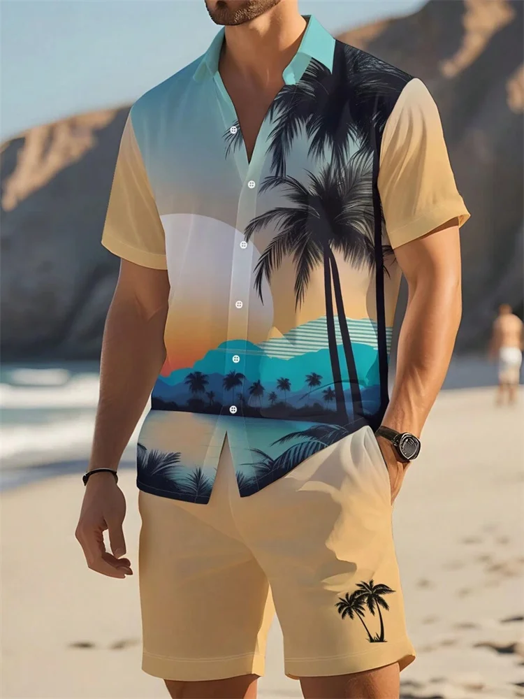 2026 New Summer Men's Vacation Set Monogram Print Solid Color Shirt Short Sleeve Shorts 2-Piece Loose Men's Fashion Leisure Set