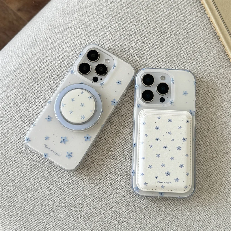 

Корейский чехол для телефона с магнитной подставкой Ins Flower для iPhone 16 Pro 15 14 13 Pro Max, чехол с держателем для карт Magsafe, милые чехлы Funda