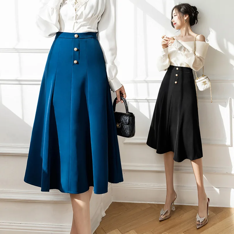 High Waist Skirt Women Solid Color Chic Elegant A Line Korean Casual Street Skirts Ladies Black Fashion Faldas Mujer