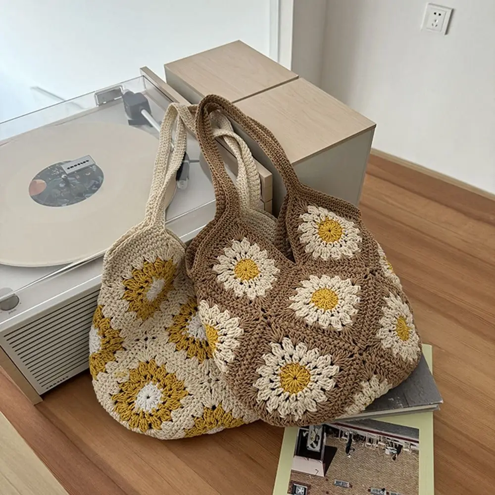 Vintage Floral Crochet Knit Bag Leisure Large Capacity Boho Shoulder Bag Handmade Casual Women's Tote Bag Summer