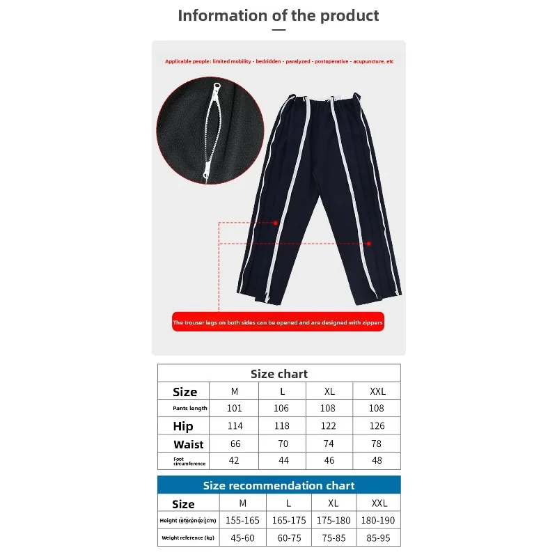 Calças com zíper lateral, fáceis de usar, cuidados para idosos, pós-cirurgia, calças convenientes