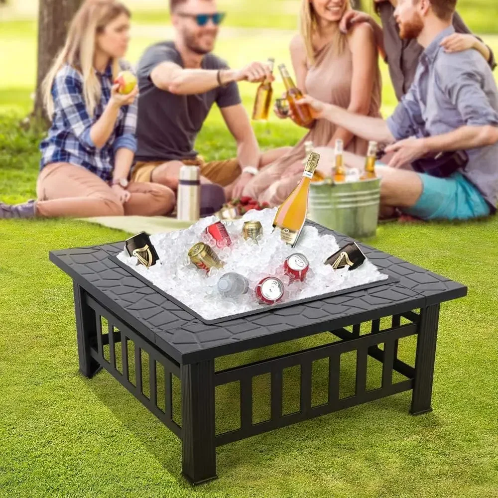 Multifunctional Fire Pit Table Square Metal Firepit Stove Backyard Patio Garden Fireplace, Outdoor Heating, Bonfire and Picnic