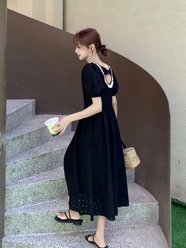 

plus Size 300 Pounds Women's Hepburn Style Lace Splicing Hollow out Long A-Line Dress Summer Slimming Office Commute Fashion