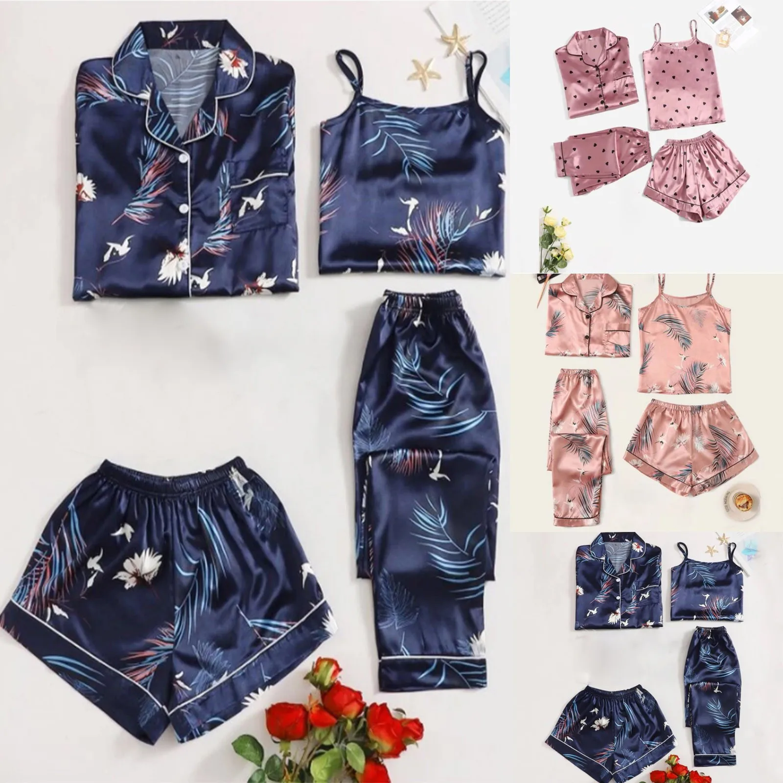 Women's Pajamas Set Home Suit Flamingo Print Sleepwear Top Shorts Long-Sleeved Trousers Suits Four Piece Pajamas For All Seasons