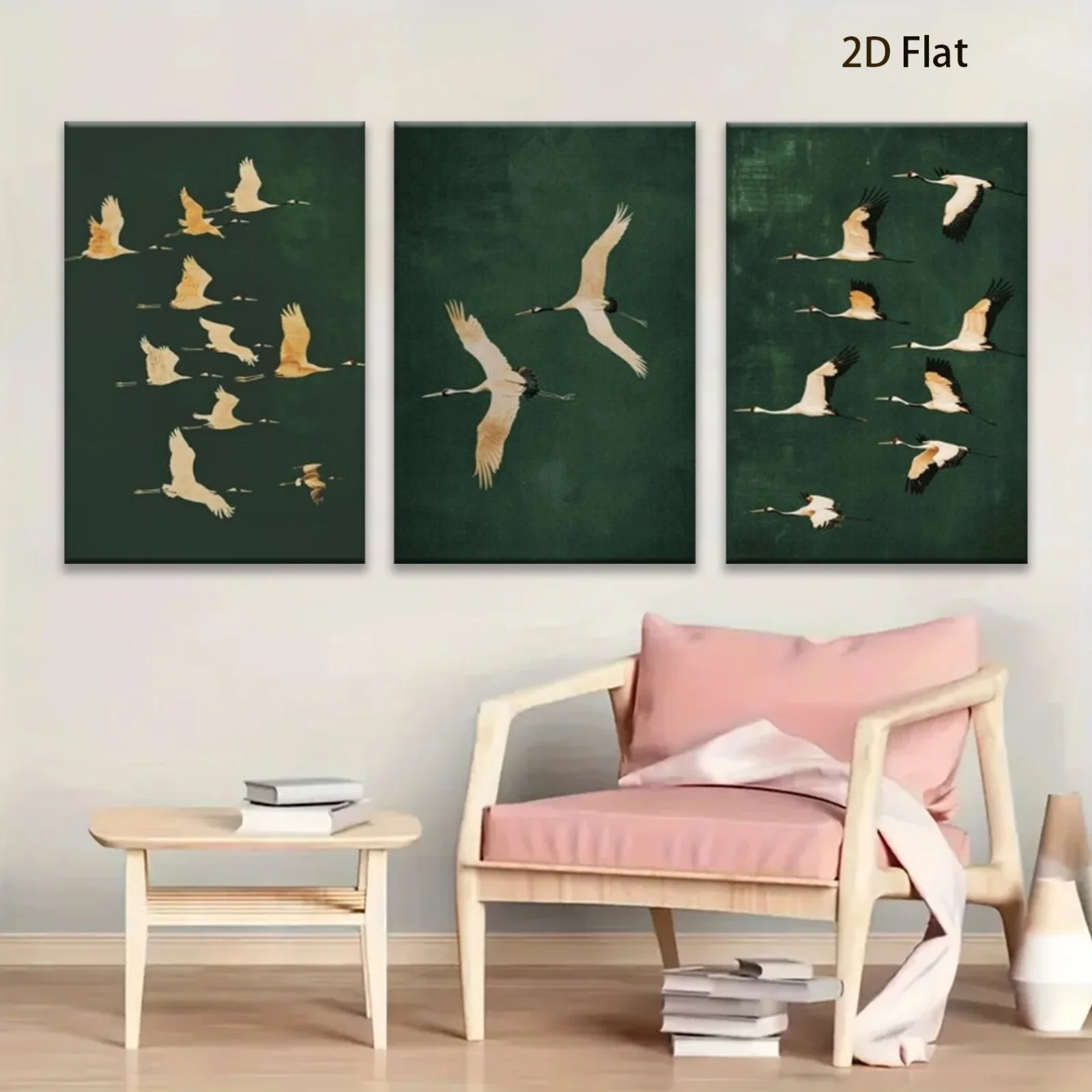 Frameless 2D Flat 3pcs Canvas Poster Featuring a Jade Green Crane, Ideal for Decorating Indoor Spaces Like Home Offices, Kitc