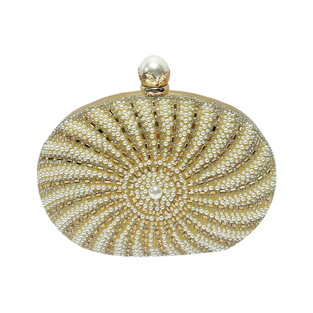 Luxury Golden Radial Pearl Rhinestone Evening Clutch Bag Formal Wedding Banquet Hand Purse, Hard Shell Crossbody Bag Night Party
