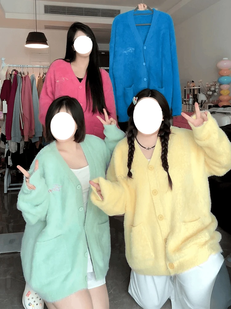 ソフトイエローニットミンクベスト女性のルーズアウター秋冬カジュアルスタイル暖かさセーターコートボタンキャンディーカラーポケット