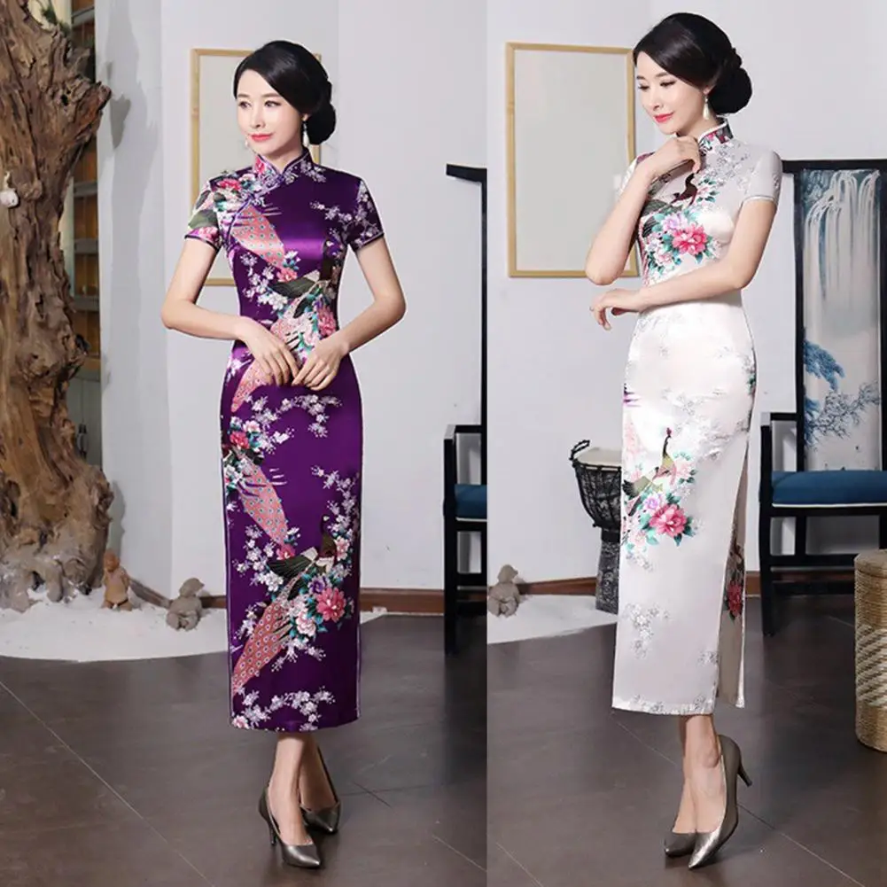 

Terrific Dress Colorful Women Cheongsam Long Silky Plant Lady Dress Vintage