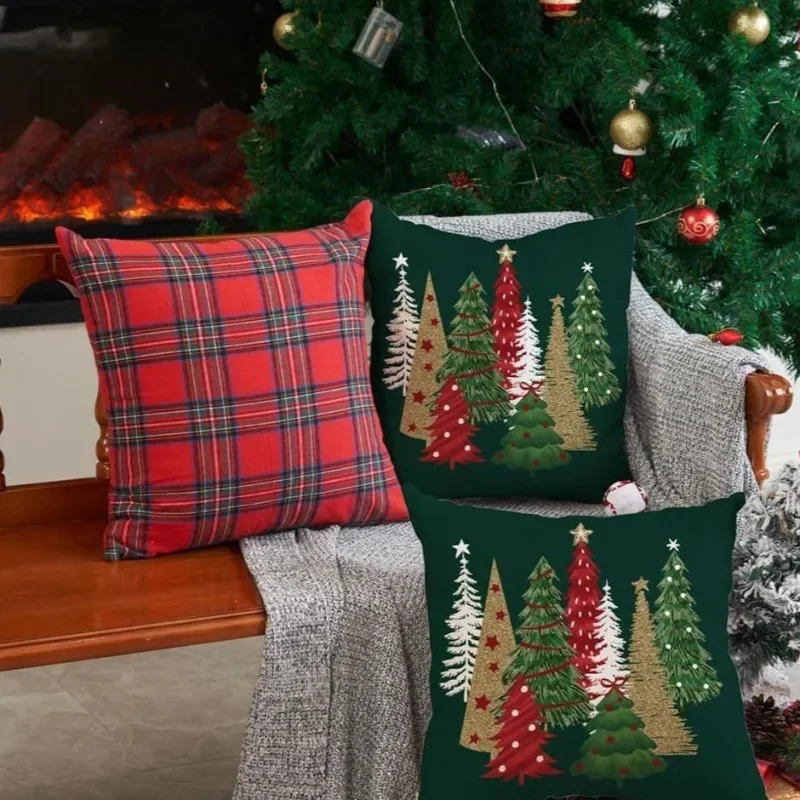 2025 New Red Checkered Christmas Cushion Cover Bedroom Living Room Decoration Pillow Cover Two-piece Set Simple and Versatile