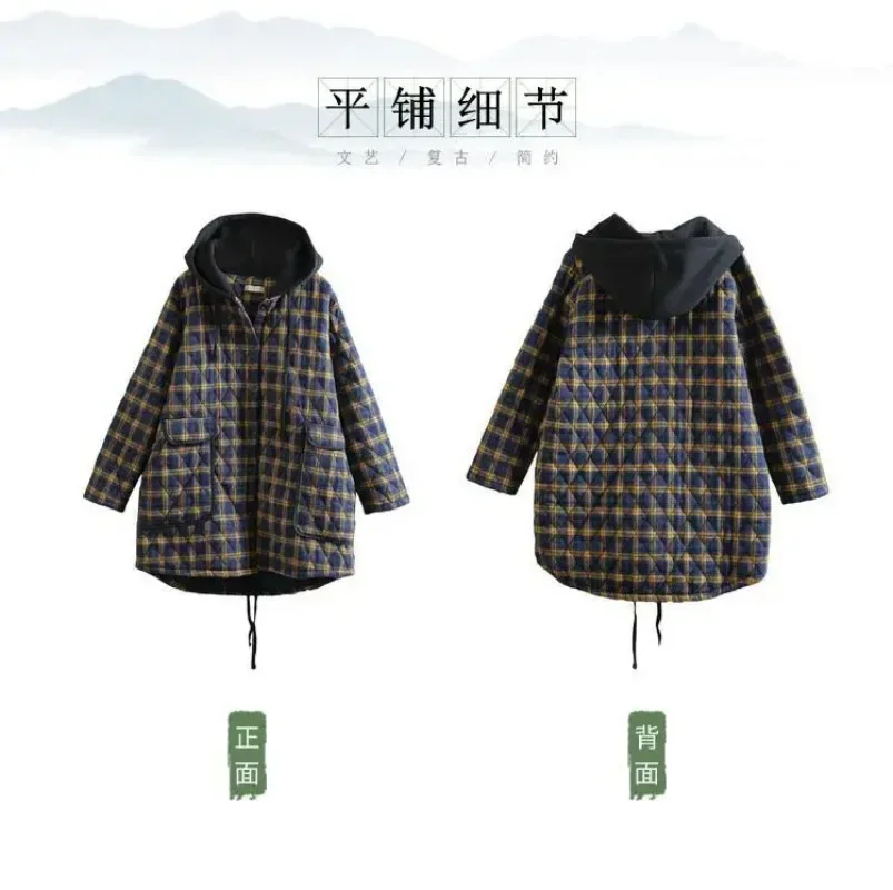 Winter Retro Loose Thick Quilted Cotton Cloth Large Size Cotton-Padded Clothes Women's Cotton Linen Plaid with Middle Long Coat