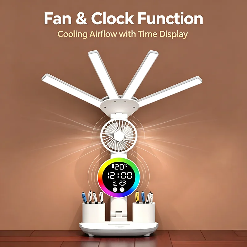 Rechargeable LED Study Desk Lamp Reading Table Light Built‑in Fan Clock Display Household Bedside Night Table Lamp