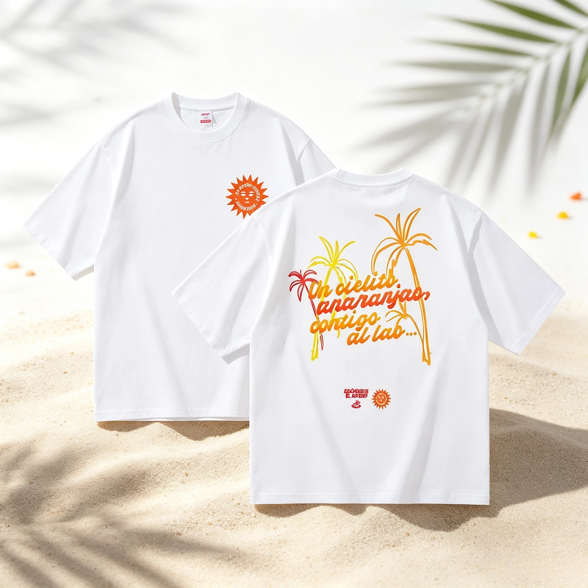 Men Double Sided Print T Shirt Sun Face Graphic Chest Print Palm Tree Letter Pattern Tropical Beach Casual Short Sleeve Cotton