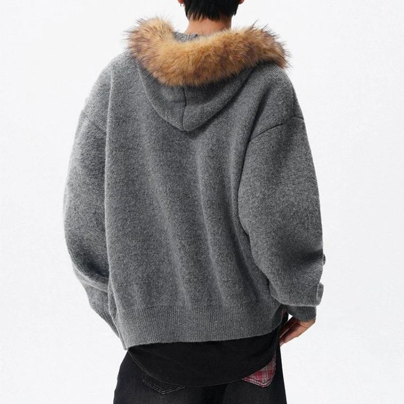 سترة صوفية بياقة من الفرو قابلة للفصل للرجال، سترة بغطاء للرأس بسحاب على الطراز الأمريكي العتيق، معطف دافئ محبوك