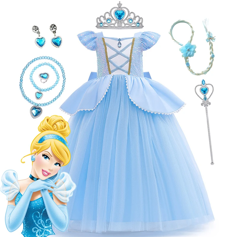 Disney Girl Cinderella Cosplay Dress Up Clothes for Girls Halloween Carnival Party Princess Costume Kids Birthday Wedding Gown