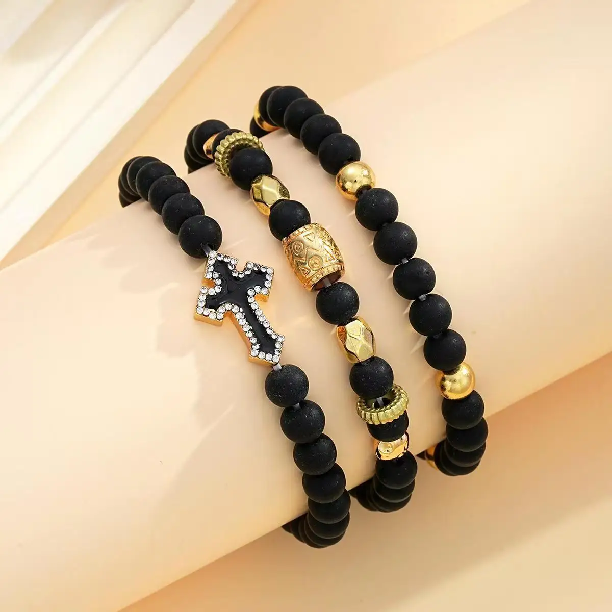 Gothic Cross Black Onyx Beaded Stackable Bracelets Set for Men Luxury CZ Cross Charm Hand Chains Trendy Streetwear Wrist Jewelry
