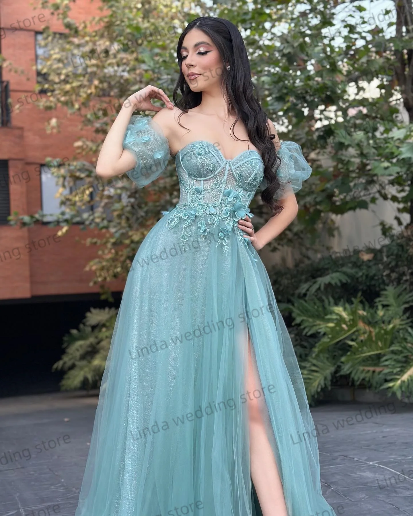 Elegant Foemal Evening Dresses for Woman Sweetheart Vestidos De Fiesta Flowers Lace Appliques  Side Slit Robe De Soiree