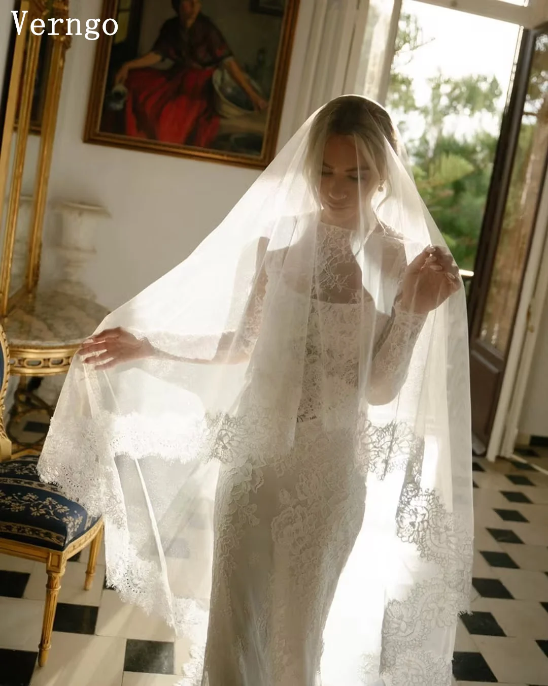 ชุดแต่งงานลูกไม้สีงาช้างเวิร์นโก้ คอสูง แขนยาว ทรงเมอร์เมด ชุดเจ้าสาวผู้หญิง สง่างาม พร้อมชายกระโปรงยาว สามารถสั่งตัดได้