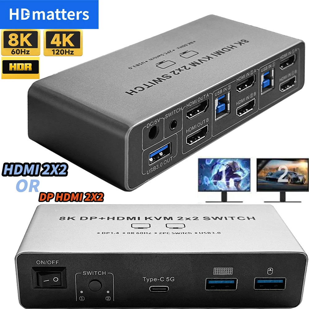 

8K HDMI 2.1 KVM Switch Dual Monitor HDMI 2.1+HDMI 2.1 KVM Switch 2X2 or HDMI 2.1+DisplayPort 1.4 KVM Switch Extended Display