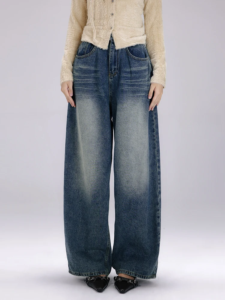 Retro Washed Jeans Women High Waist Wide Leg Denim Pants Y2K Loose Casual Street Trousers Female 2024 New Zipper Pocket Trousers