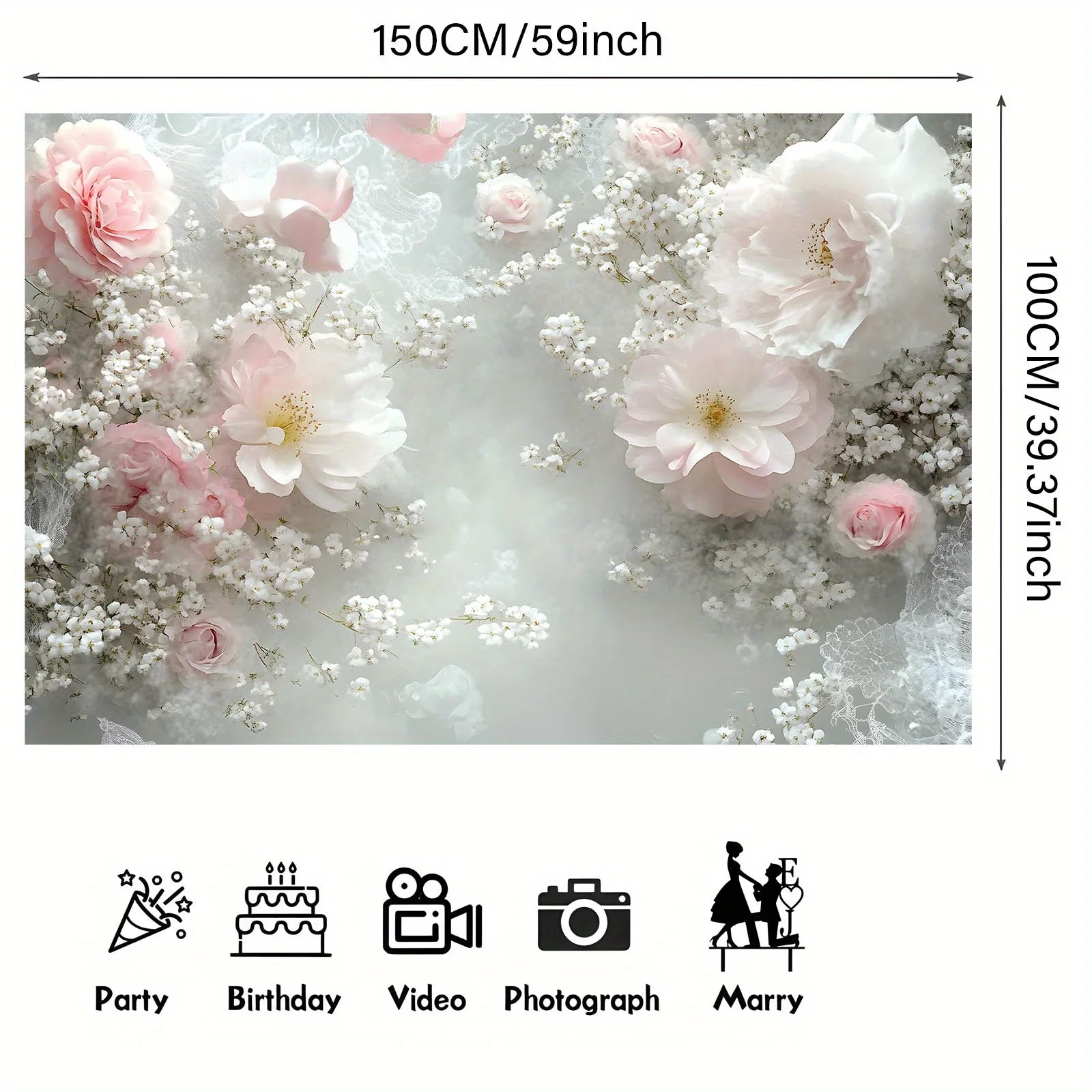 A pink white floral gray wall banner background party item, suitable for home decoration and birthday celebration