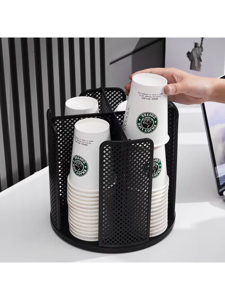 Coffee and Milk Tea Paper Cup Holder, Bar Counter Cup and Lid Dispenser, Rotating Storage Rack, Counte