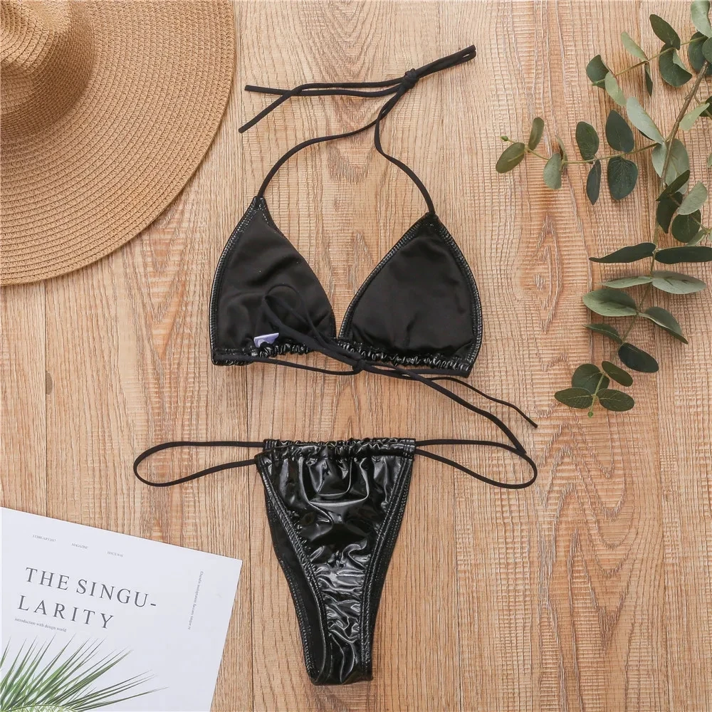 Shiny PU Mini Micro Bikini 2024 Women Swimsuit Female Brazilian Swimwear Two Pieces Bikini Set High Cut Bathing Suit Swim