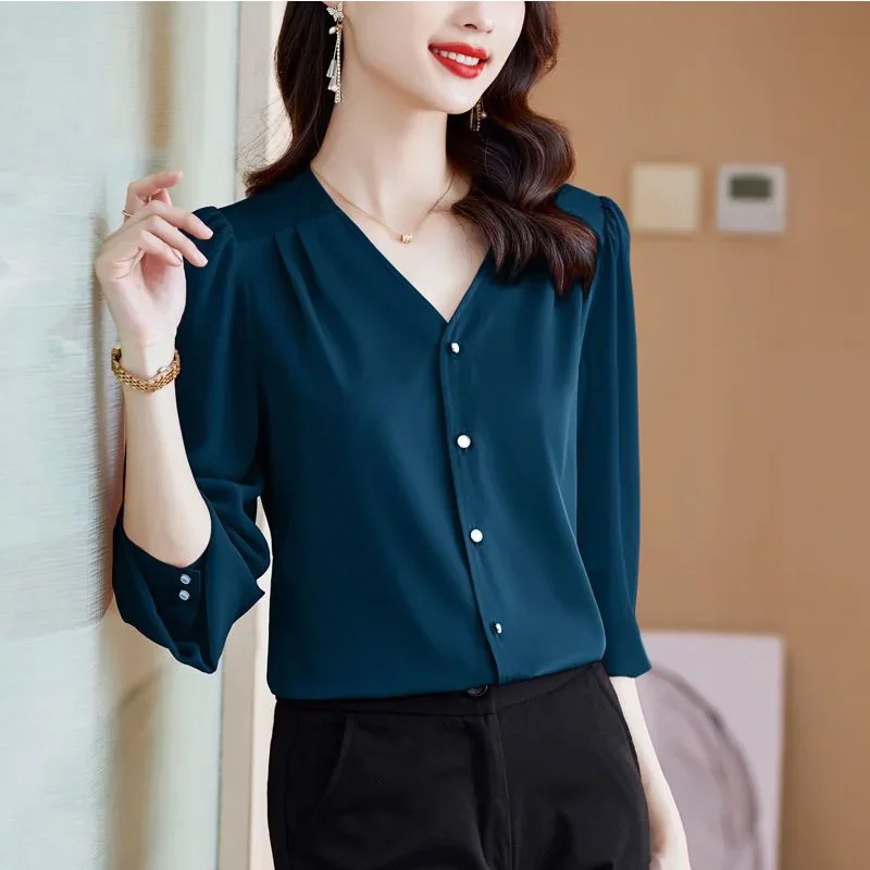 Neue Sommer elegante Mode einfarbig Retro koreanischen Stil Damen hemd ästhetische lose Büro Dame V-Ausschnitt 3/4 Ärmel Tops B671