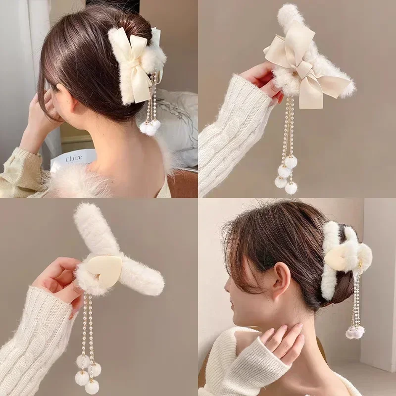 2023 New Plush Bow Tassel Grab Clip Headdress Retro Ponytail Braid Claw Crab Clip Hair Tools Girls Fashion Hair Accessories