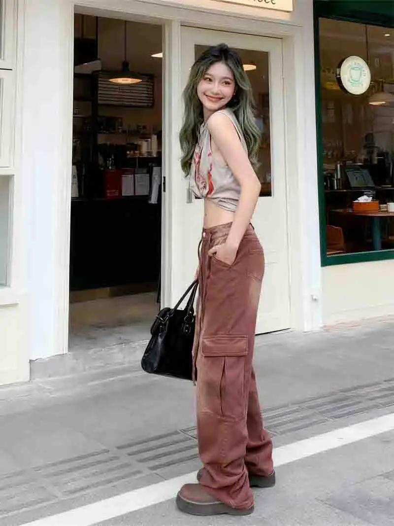 카고 팬츠 여성용 펑크 가을 폴리에스터 슬림 록 스터드 리벳 멋진 질감 독특한 개성 디테일 매칭 캐주얼