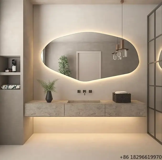

Умное зеркало для ванной с LED-подсветкой, 3 цвета, регулируемая яркость, безрамное, нестандартной формы, настенное, с подсветкой для макияжа