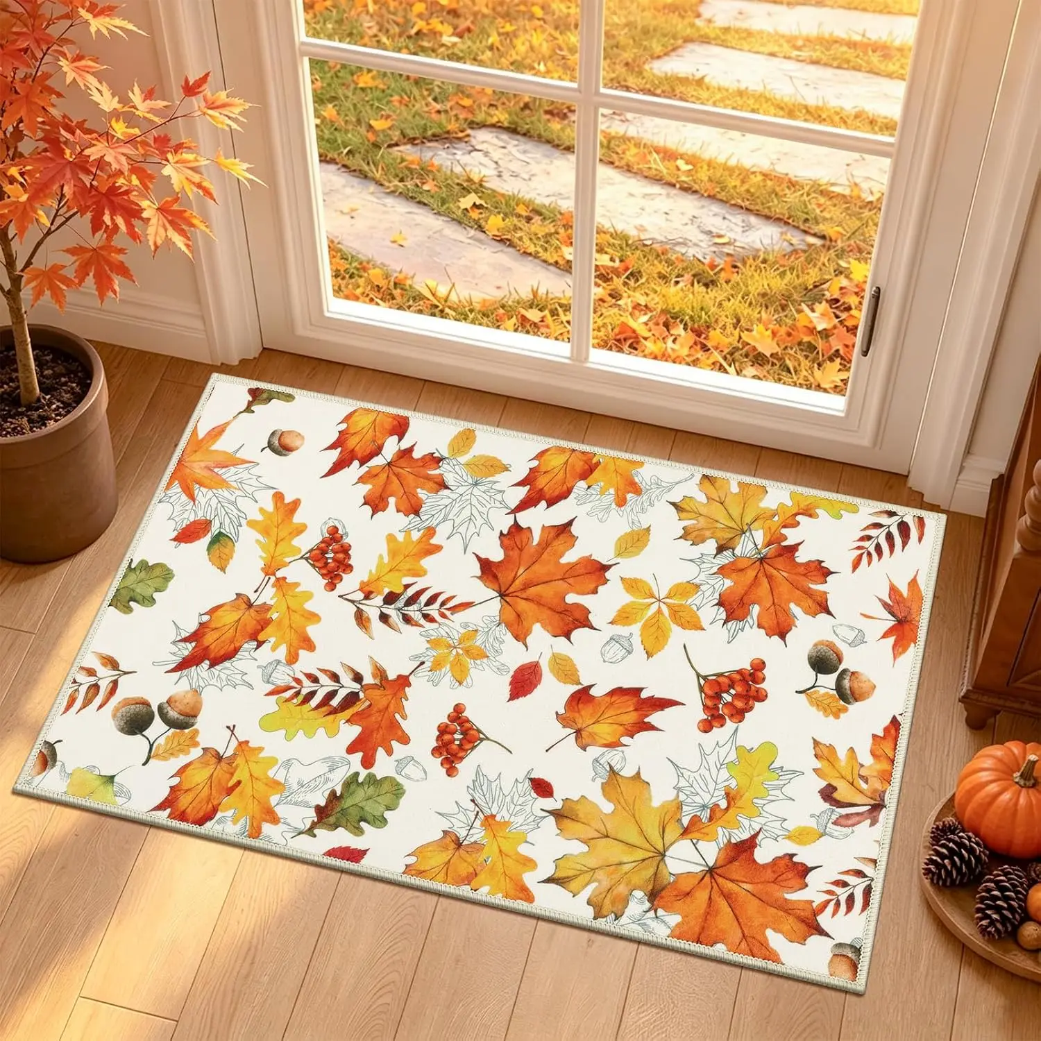 Orange Maple Leaves Doormat Welcome all Maple Leaf Mat Entrance Entry Door Rug Indoor Outside Machine Wash Decor Gifts Home
