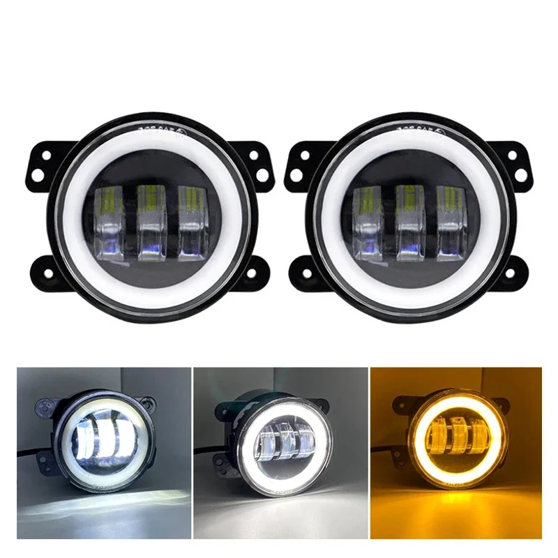 60W 4 Inch LED Fog Lights With White Halo Ring DRL Amber Turn Signal Lamp For Jeep Wrangler JK TJ LJ Dodge Chrysler