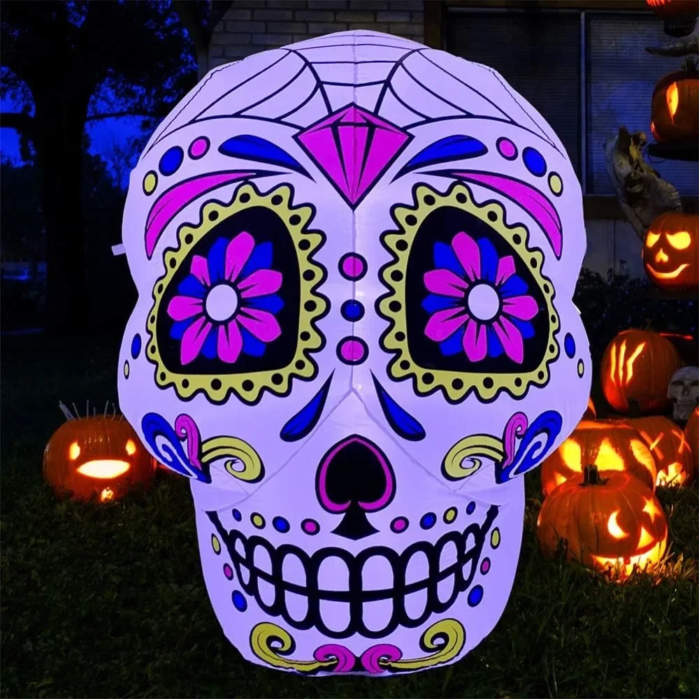 4.5 Ft LED Inflatable Halloween Sugar Skull Decoration Blown Up Decorfor Lawn Yard Garden Indoor Outdoor Home Party Holiday