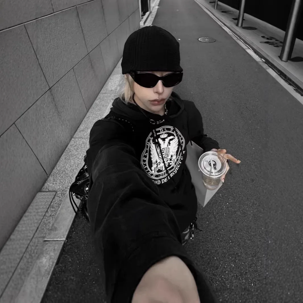 

Grailz streetwear limited edition double-headed bird print faux two-piece patch front hooded long-sleeved hoodie Project G/R