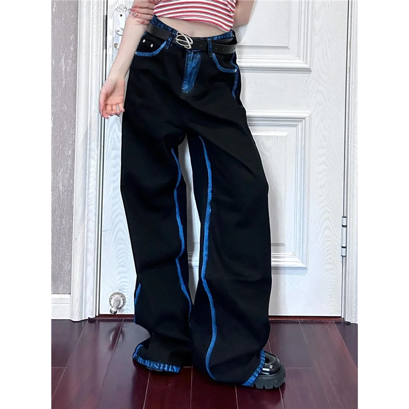 กางเกงยีนส์เอวสูงทรงขากว้างสำหรับผู้หญิง สไตล์ลำลอง ใส่สบาย ทรงตรง ยาวคลุมเท้า ดีไซน์แบบอเมริกัน สไตล์ไฮสตรีท สำหรับฤดูใบไม้ผลิและฤดูใบไม้ร่วง