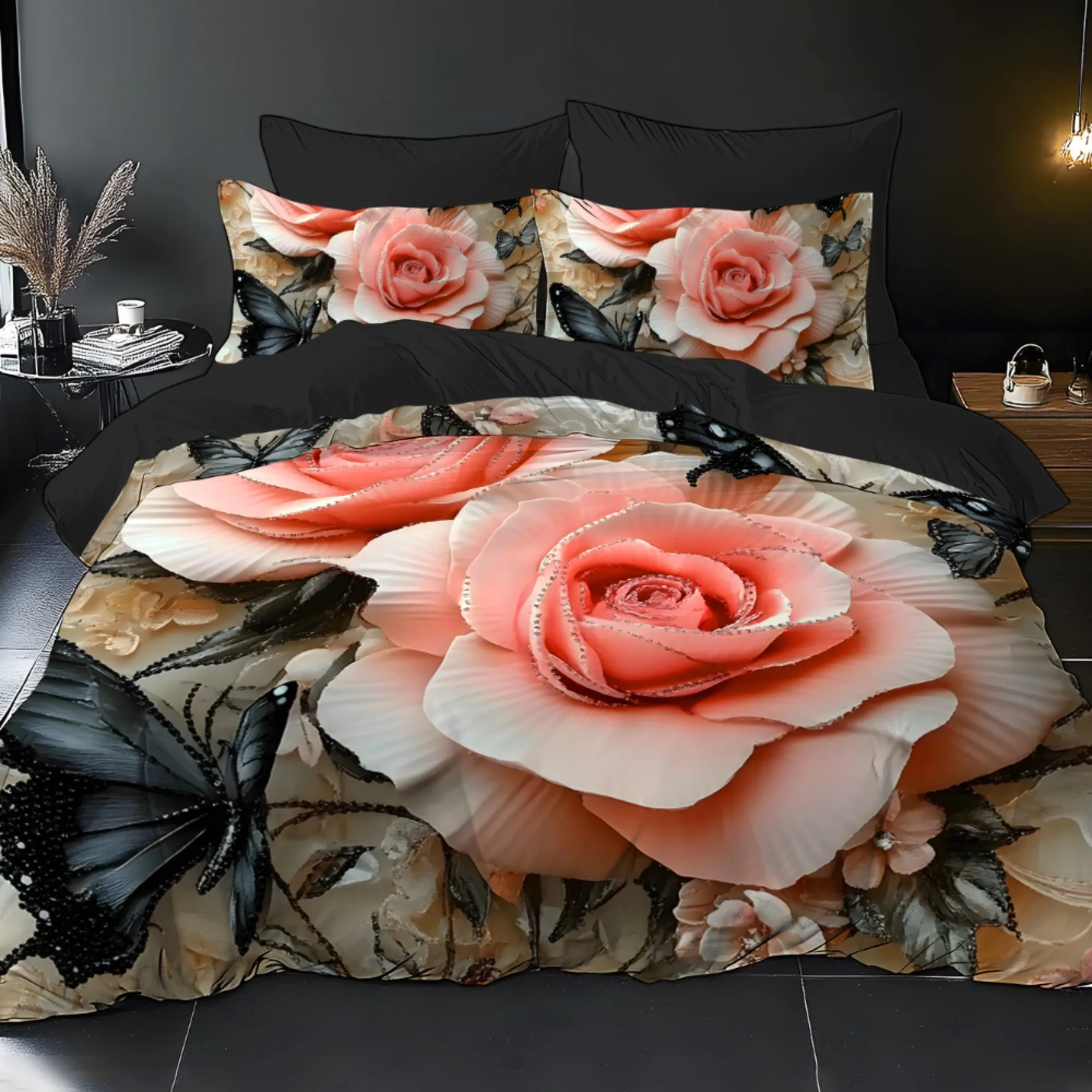 Valentine's Day Themed 3D Ultra-Soft Brushed Digital Print Duvet Cover Set Rose & Black Butterfly Pattern Bedding
