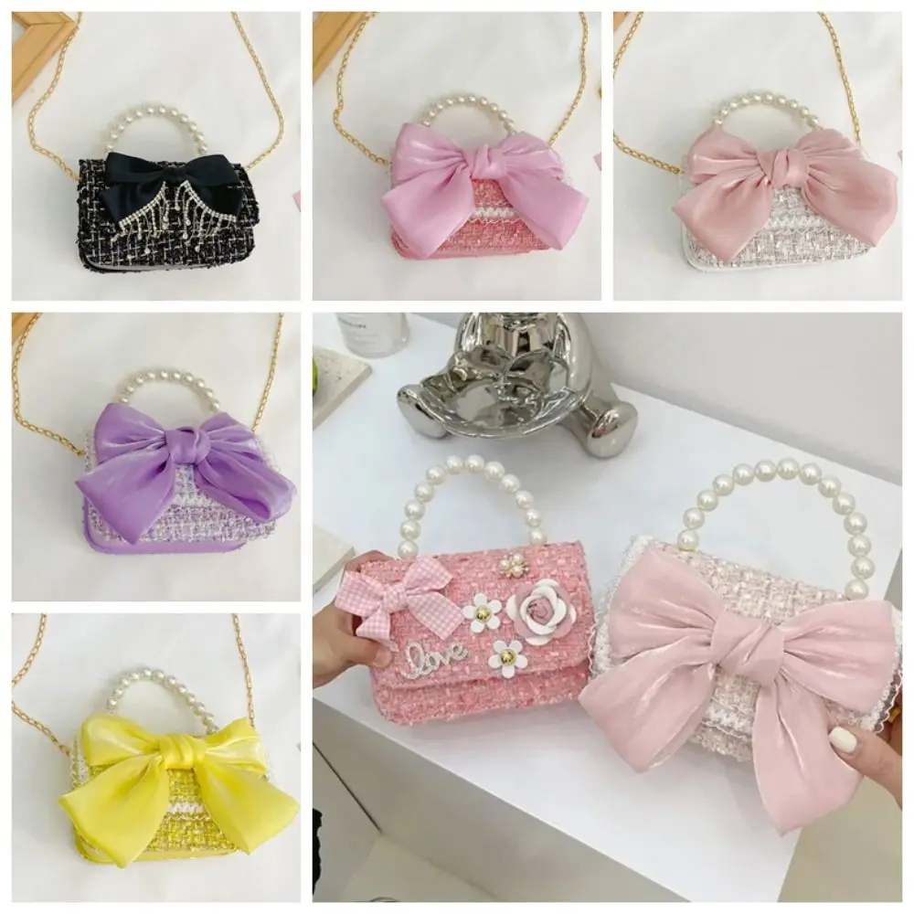 Cute Synthetic Leather Princess Bag Pearl Decorated Handheld Crossbody Bag Little Girl Bag Girl