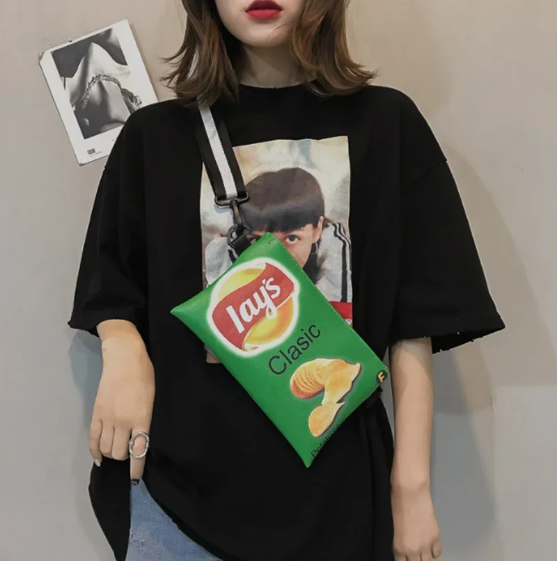 Funny Potato Chips Crossbody Handbag Women Canvas Shoulder Bag Mini Cartoon Printing Girl Envelope Bags Female Clutch Cute Purse