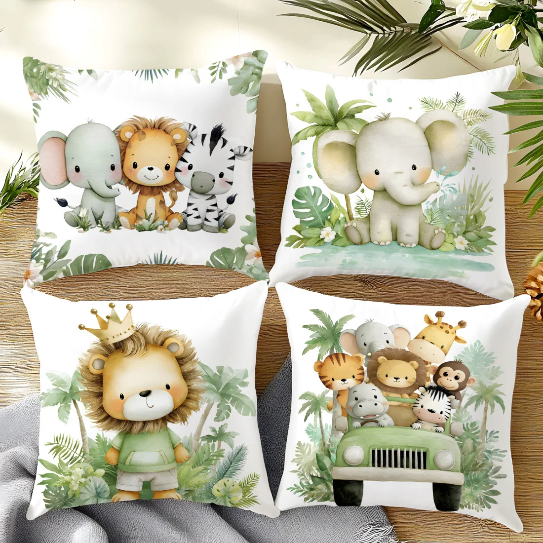 4Pcs Single-Sided Print Pillow Covers - Cartoon Illustration of Tropical Jungle Animals including Elephant, Lion, Zebra & Monkey