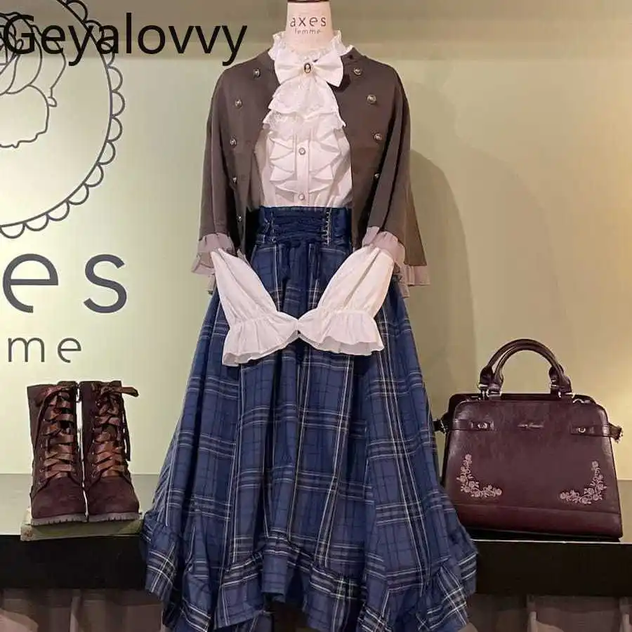 

Japanese Sweet Retro Half Skirt for Girls Versatile Slimming Hepburn Style Elegant High Waist Irregular Hem Plaid Long Skirts