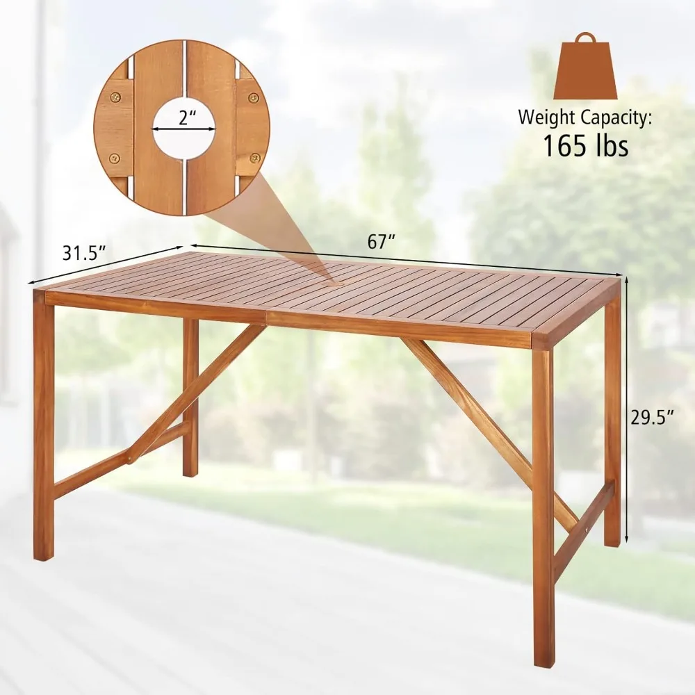 

67" Acacia Wood Outdoor Dining Table for 6, Rectangle 6-Person Patio Table with 2" Umbrella Hole & Spacious Slatted, Customized