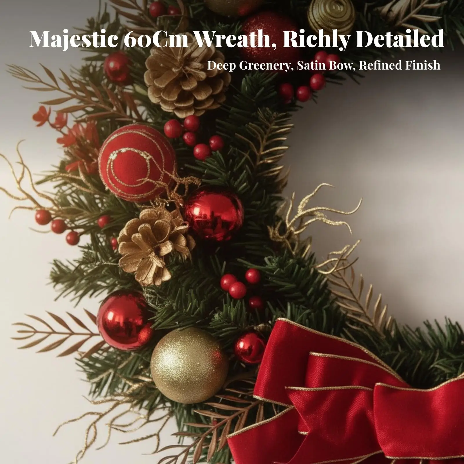Pre Decorated Holiday Wreath for Christmas Door Red Bow Gold Ball Pinecone Design Plastic Foliage for Outdoor Wall Home Mantel