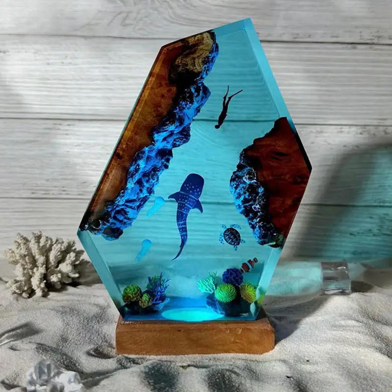 Seabed Work Diving Resin Statue Lamp Miniature Figurine Deep Sea Diver Figures Shark Turtle Table Luxury Decor Glow at Light - Image 5